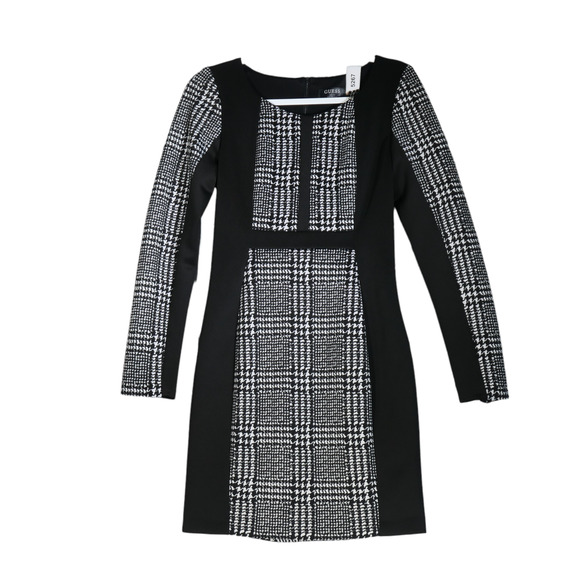 Guess Pencil Dress Women Size 4 Black White Houndstooth Flattering Contrast Trim - Picture 1 of 7